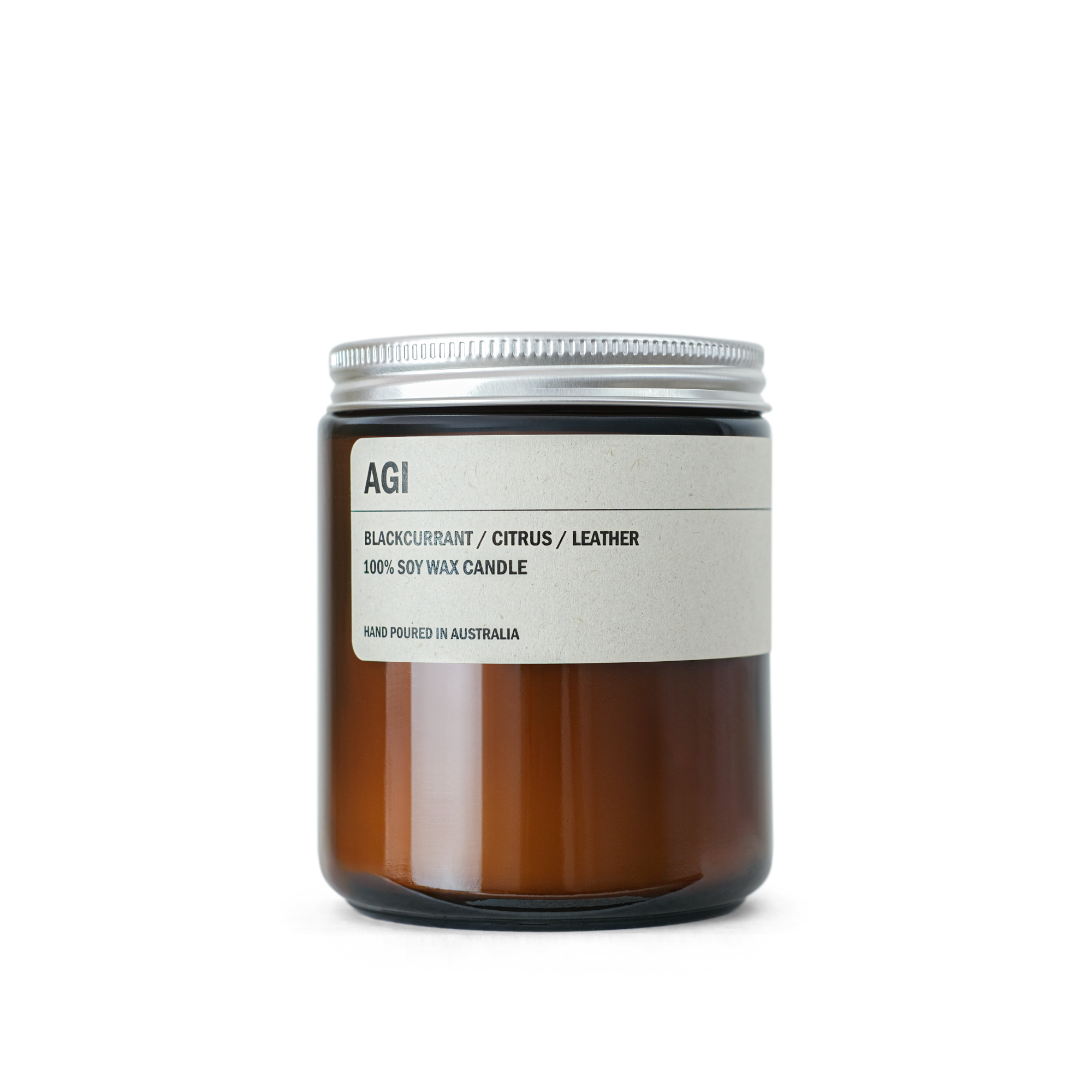 AGI: Blackcurrant / Citrus / Leather Small Amber Candle 250g