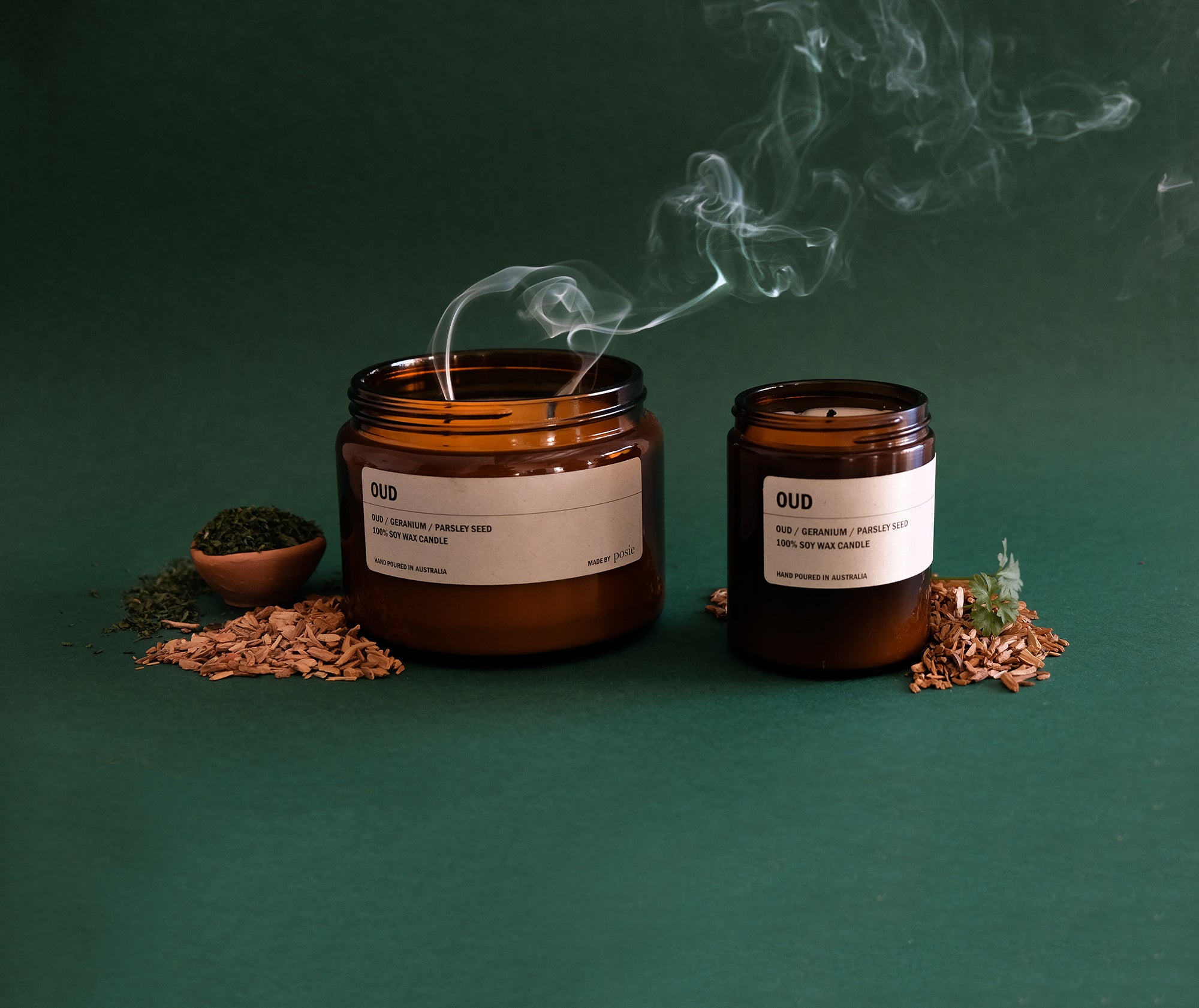 OUD: Oud Wood / Geranium / Parsley Seed Large Amber Candle 500g